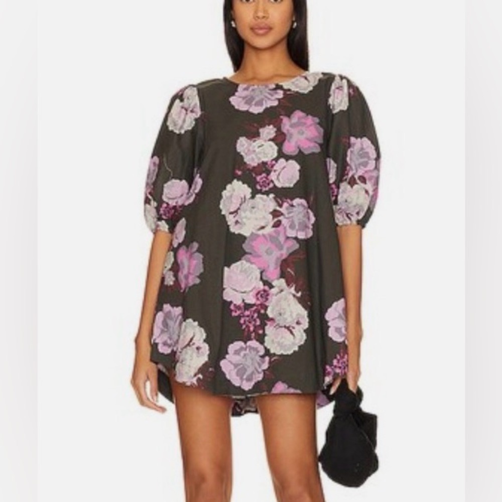 Free People Maye Poplin Tunic Puff Sleeve Mini Dress - Midnight Pink/Gray Floral